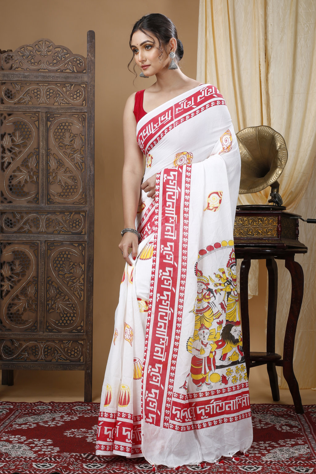 White Pure Cotton Durga Printed Handloom Saree (1318)